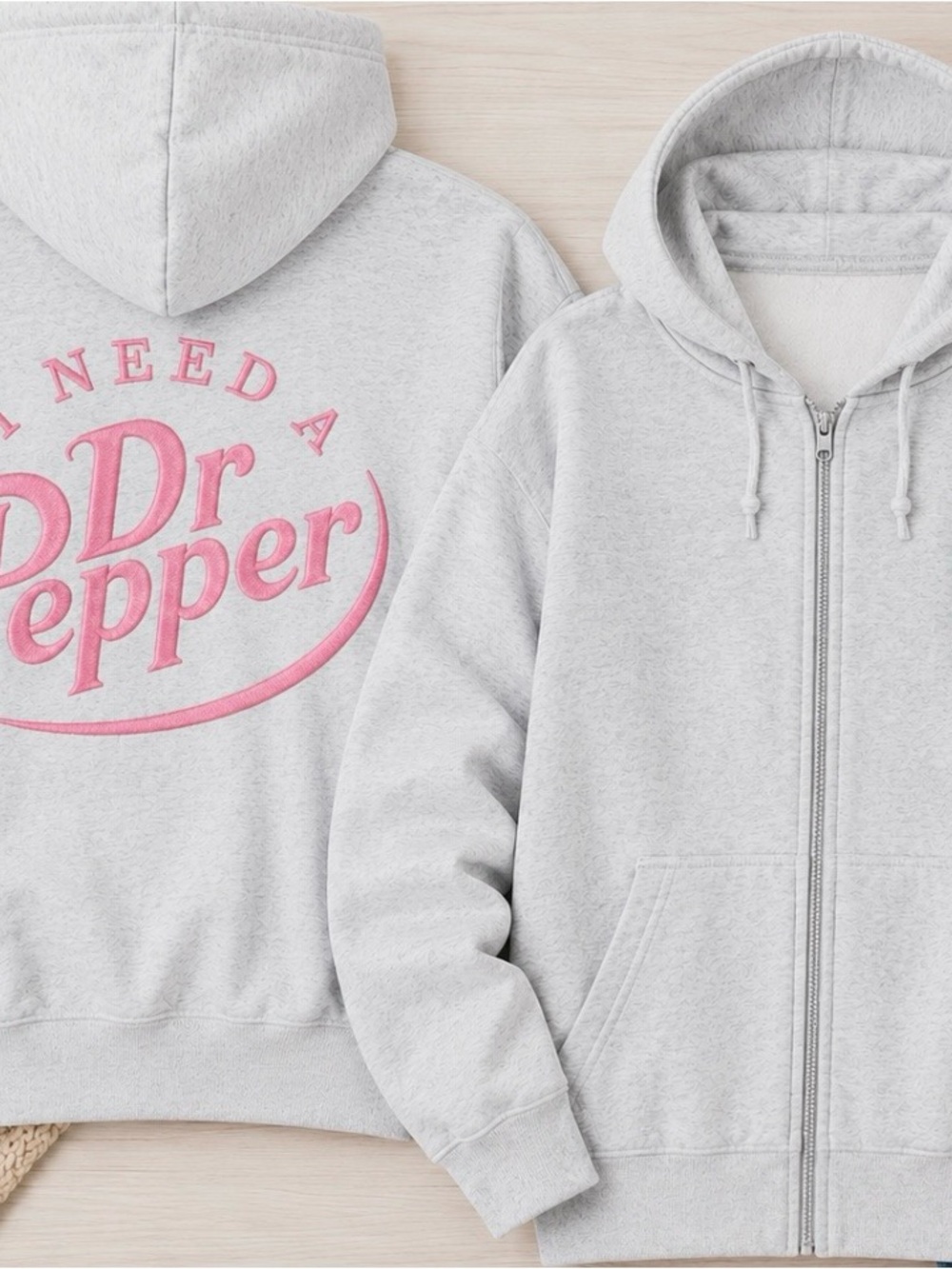 Dr Pepper Light Gray Zip Hoodie with Pink Logo